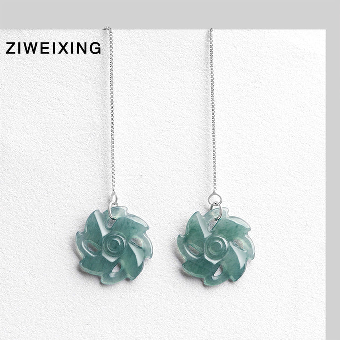 Shop Natural Jade Earrings with Intricate Floral Carving and Silver Chains