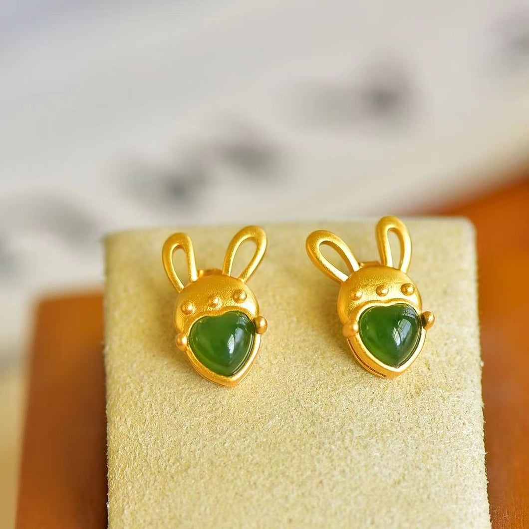 Natural Jade Earrings Nephrite Silver Rabbit Earrings