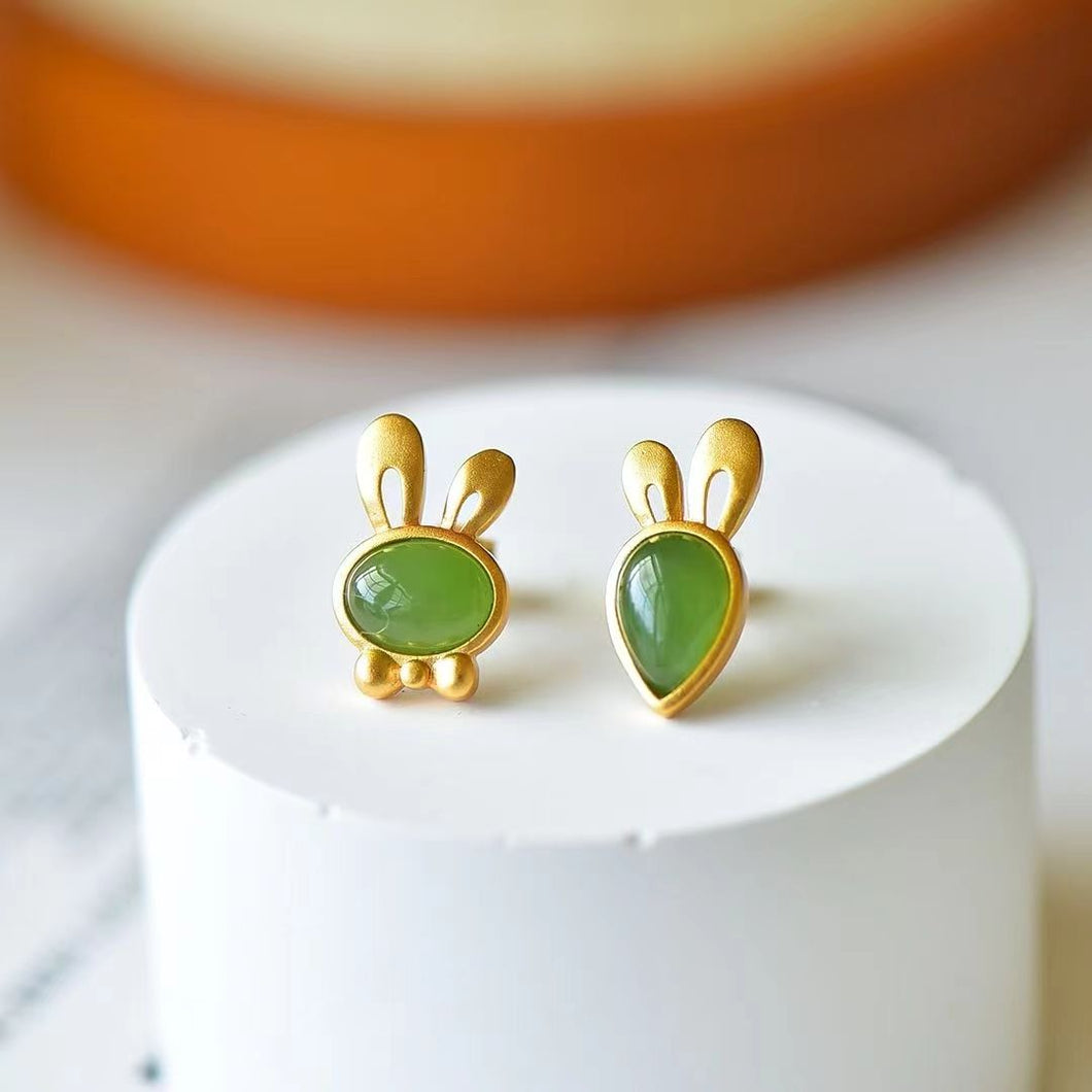 Natural Jade Earrings Nephrite Silver Rabbit Earrings