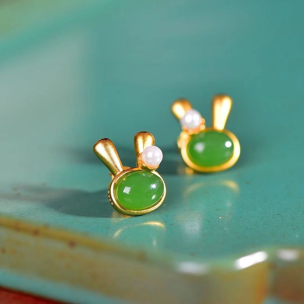 Natural Jade Earrings Nephrite Silver Rabbit Earrings
