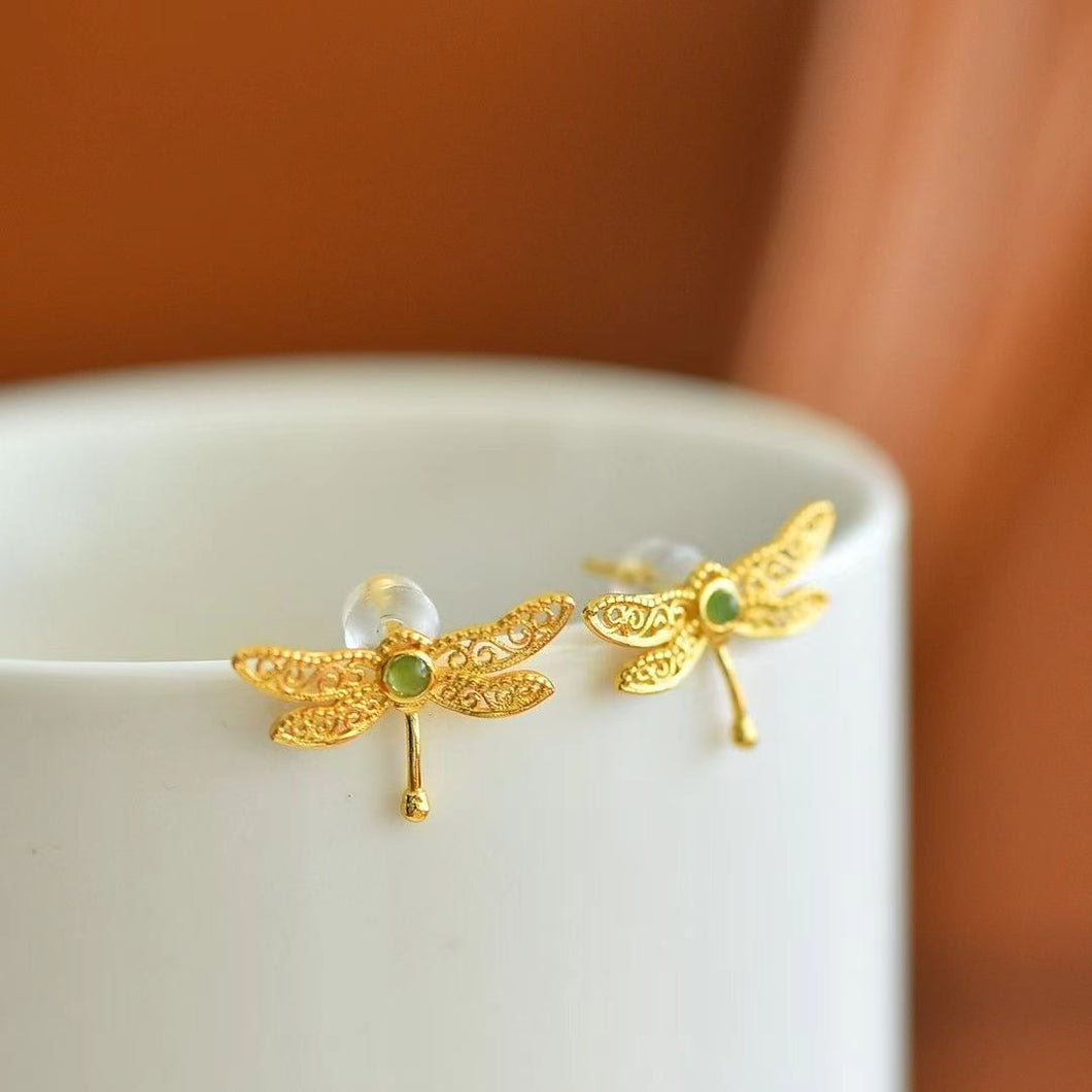 Natural Jade Earrings Nephrite Silver Dragonfly Earrings