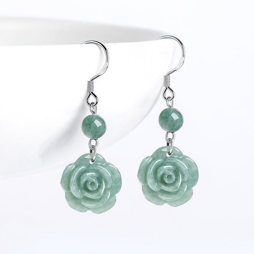 Natural Jade Earrings Silver Flower Jadeite Earrings