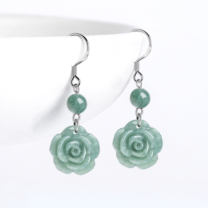 Natural Jade Earrings Silver Flower Jadeite Earrings