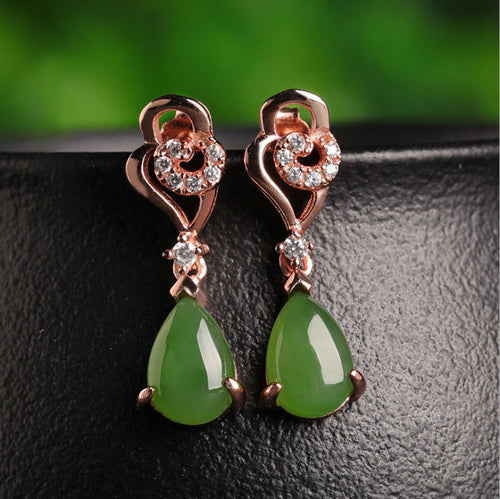 Natural Jade Earrings Nephrite Silver Zircon Earrings