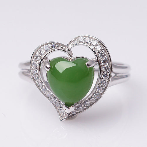 Natural Jade Ring Nephrite Silver Zircon Heart Adjustable Ring