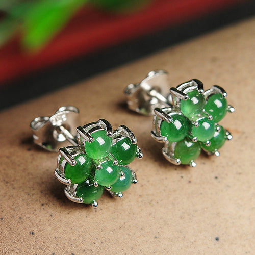 Natural jade earrings jadeite silver flower earrings