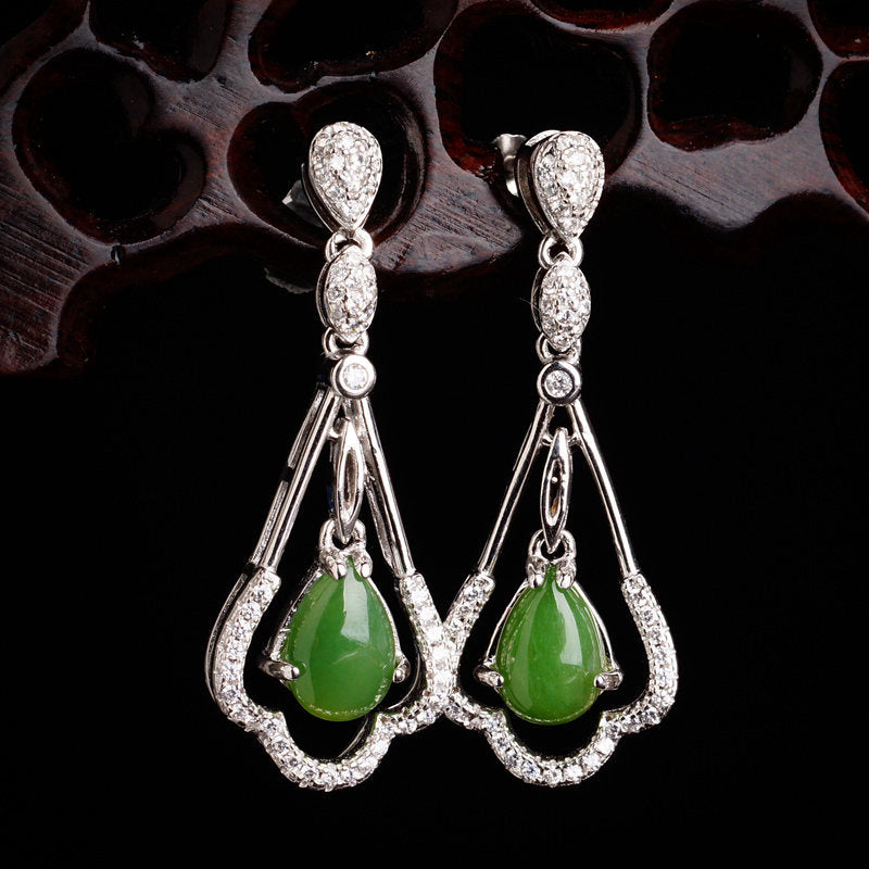 Natural Jade Earrings Nephrite Silver Zircon Earrings
