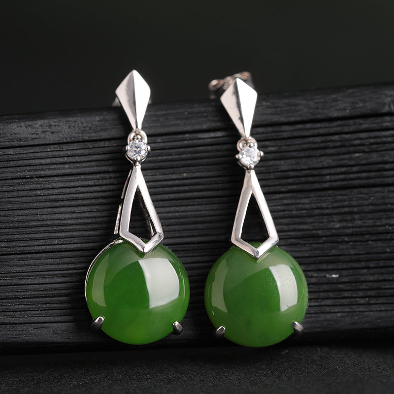 Natural Jade Earrings Nephrite Silver Zircon Earrings