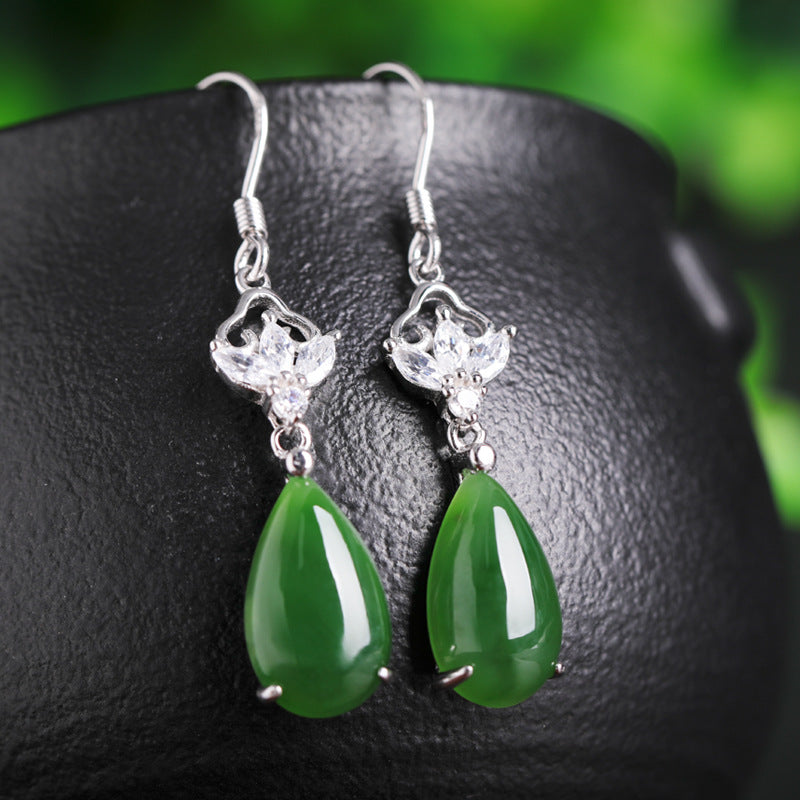 Natural Jade Earrings Nephrite Silver Zircon Earrings