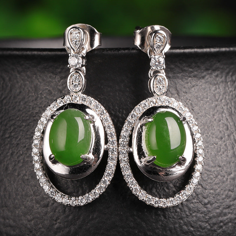 Natural Jade Earrings Nephrite Silver Zircon Earrings