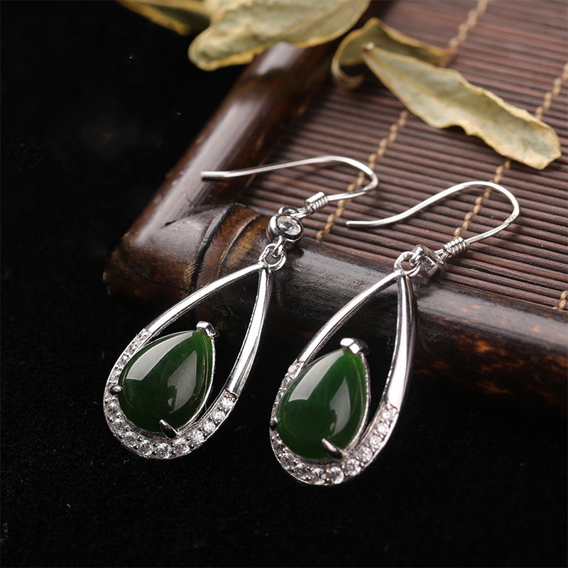 Natural Jade Earrings Nephrite Silver Zircon Earrings