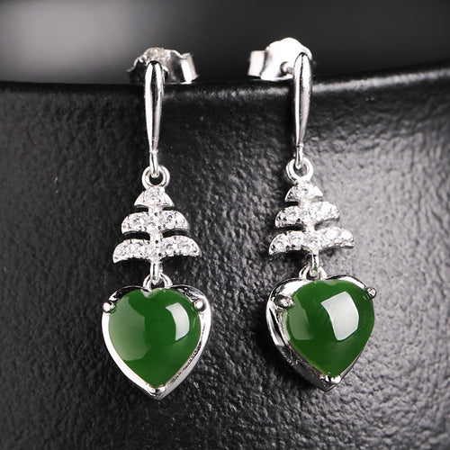 Natural Jade Earrings Nephrite Silver Zircon Earrings