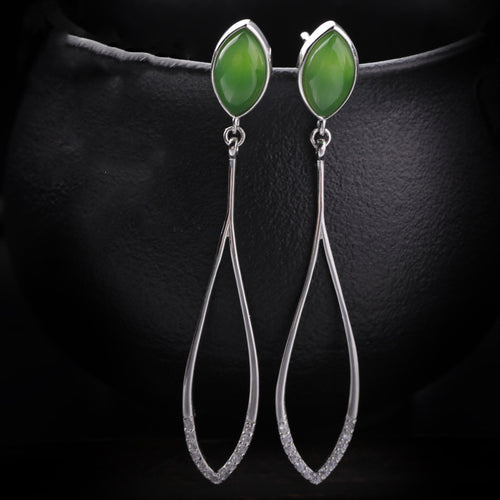 Natural Jade Earrings Nephrite Silver Zircon Earrings