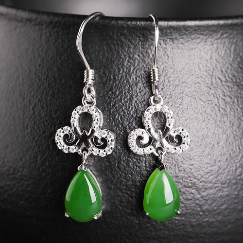 Natural Jade Earrings Nephrite Silver Zircon Earrings
