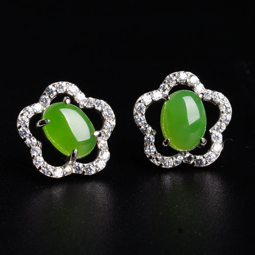 Natural Jade Earrings Nephrite Silver Zircon Earrings
