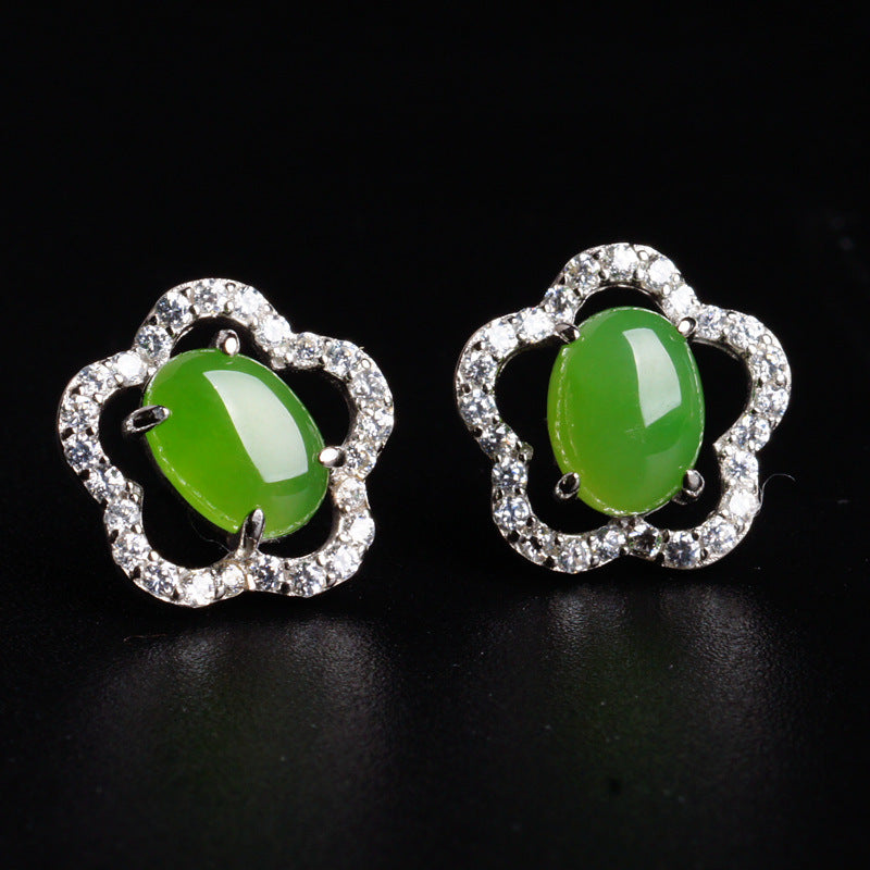 Natural Jade Earrings Nephrite Silver Zircon Earrings