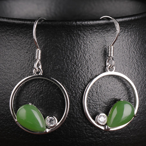 Natural Jade Earrings Nephrite Silver Zircon Earrings