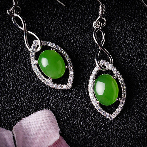 Natural Jade Earrings Nephrite Silver Zircon Earrings