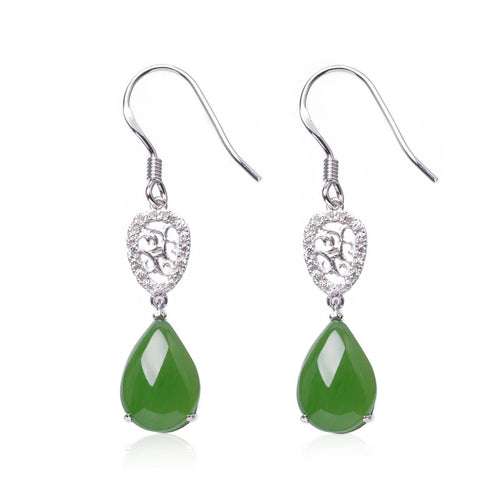 Natural Jade Earrings Nephrite Silver Zircon Earrings