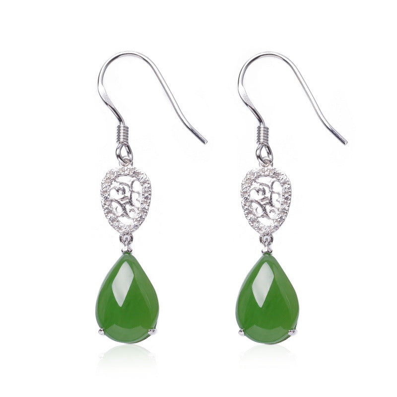 Natural Jade Earrings Nephrite Silver Zircon Earrings