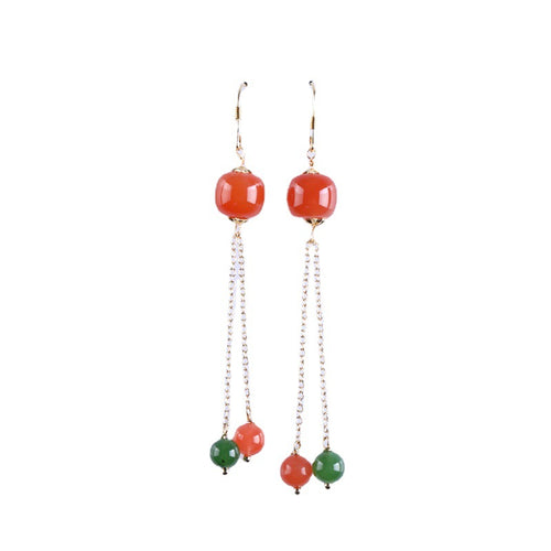 Natural Jade Earrings Nephrite Red Agate Silver Earrings