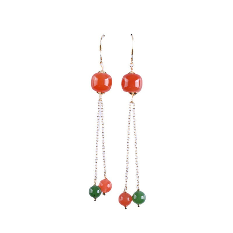 Natural Jade Earrings Nephrite Red Agate Silver Earrings
