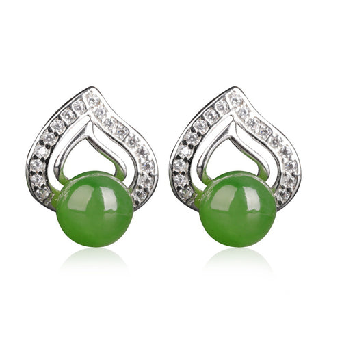 Natural Jade Earrings Nephrite Silver Zircon Earrings