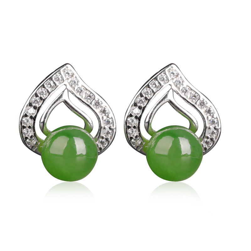 Natural Jade Earrings Nephrite Silver Zircon Earrings
