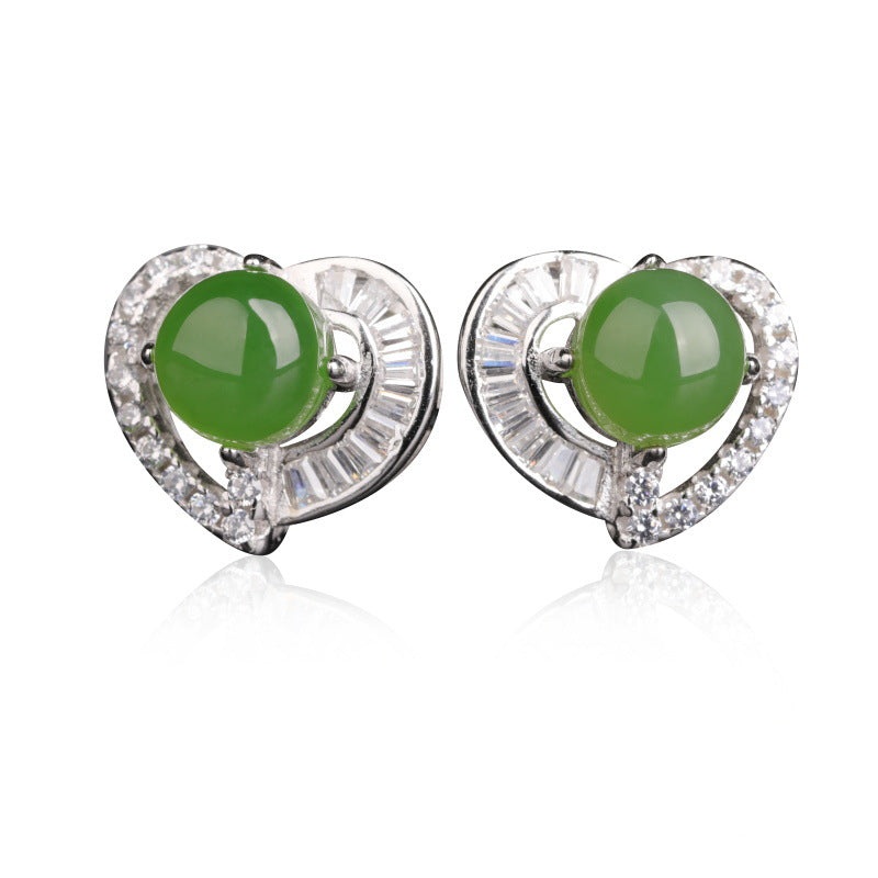 Natural Jade Earrings Nephrite Silver Zircon Earrings