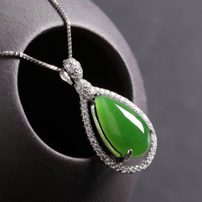 Natural Green Jade Pendant Necklace in Silver