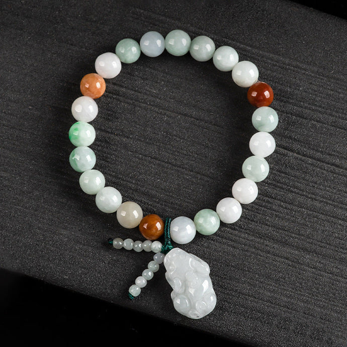 Attract Fortune: Natural Jadeite Pixiu Bracelet with Lucky Rainbow Beads