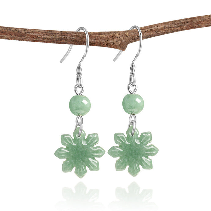 Natural Type A Jadeite Snowflower Drop Earrings in Sterling Silver