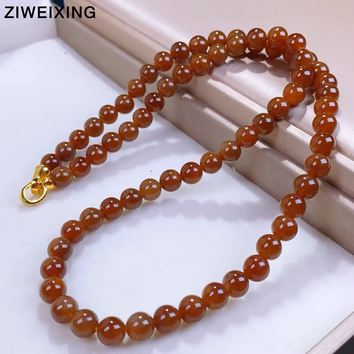Radiant Natural Jade Necklace: Kunlun Nephrite Beads in Glossy Honey-Brown Shades