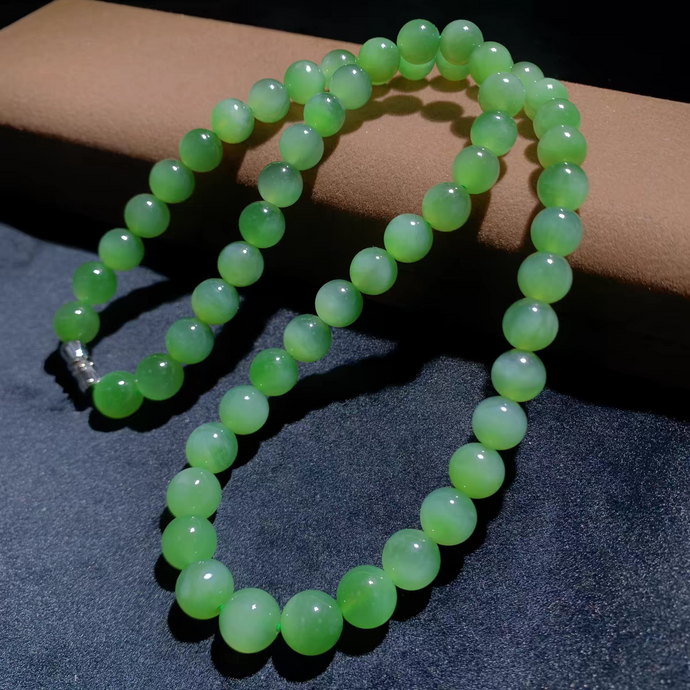 Siberian Green Jade Necklace | Polished 8mm Beads with Cat’s-Eye Effect