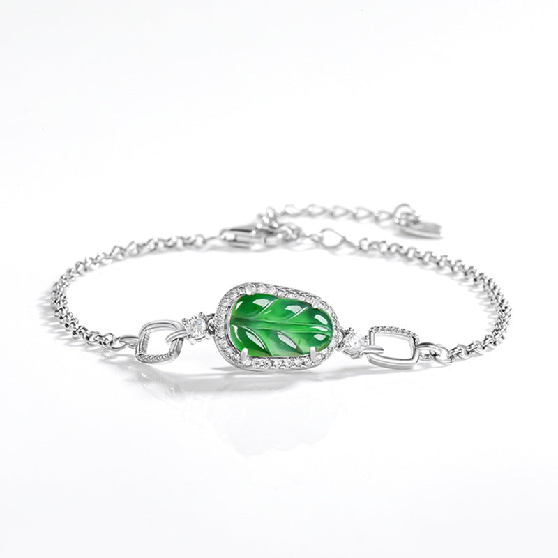 Natural Jade Bracelet Silver Leaf Jadeite Bracelet