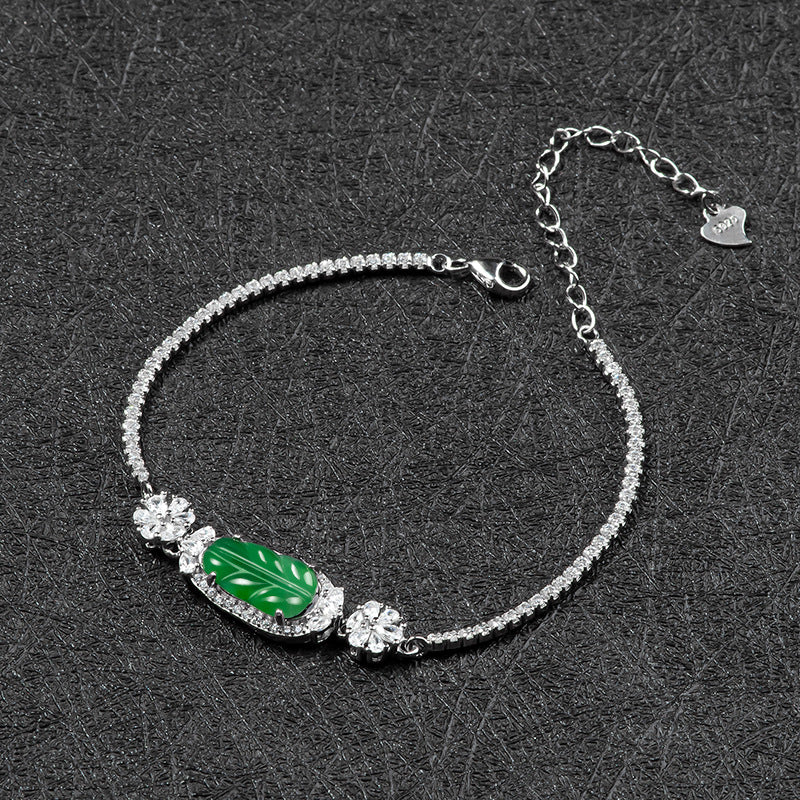 Natural Jade Bracelet Silver Leaf Jadeite Bracelet