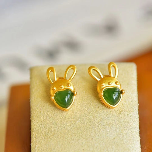 Natural Jade Earrings Nephrite Silver Rabbit Earrings