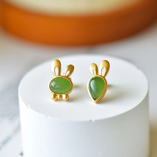 Natural Jade Earrings Nephrite Silver Rabbit Earrings