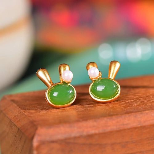 Natural Jade Earrings Nephrite Silver Rabbit Earrings