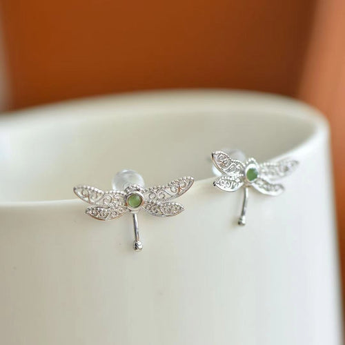 Natural Jade Earrings Nephrite Silver Dragonfly Earrings