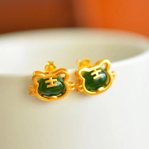 Natural Jade Earrings Nephrite Silver Tiger Earrings