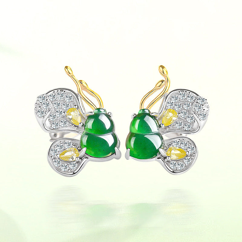 Natural Jade Earrings Silver Butterfly Hulu Jadeite Earrings