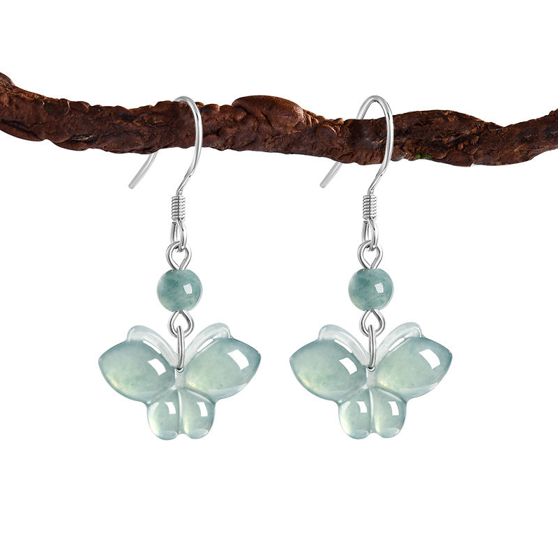 Natural Jade Earrings Silver Butterfly Jadeite Earrings