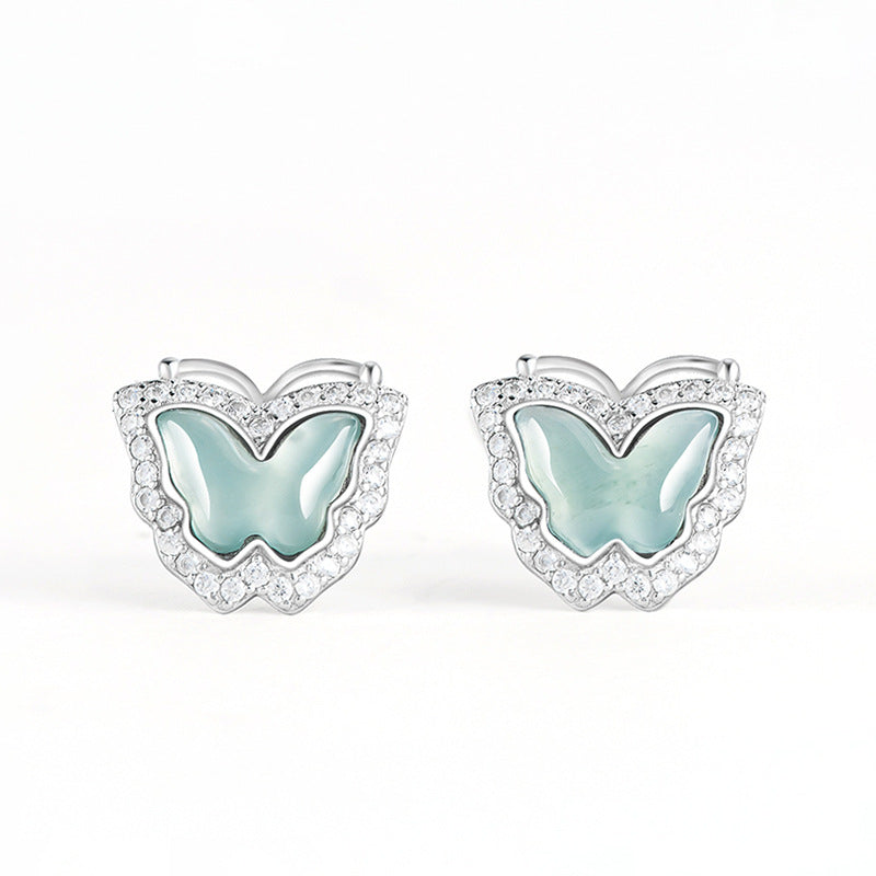Natural Jade Earrings Silver Butterfly Jadeite Earrings