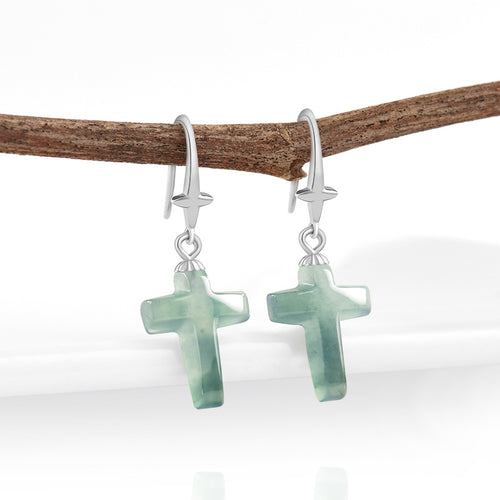 Natural Jade Earrings Silver Cross Jadeite Earrings