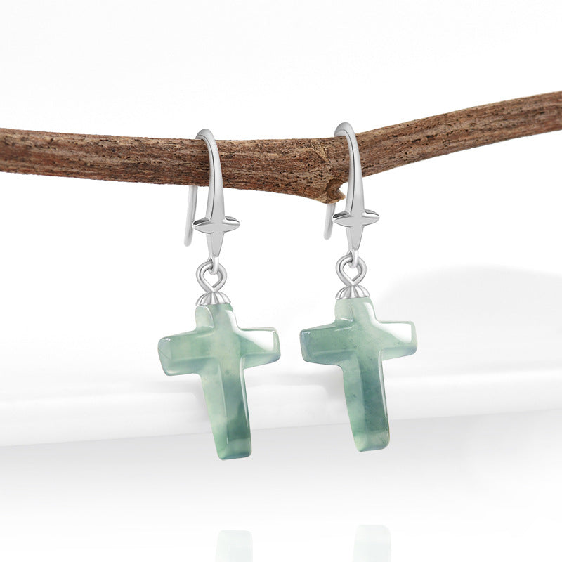 Natural Jade Earrings Silver Cross Jadeite Earrings