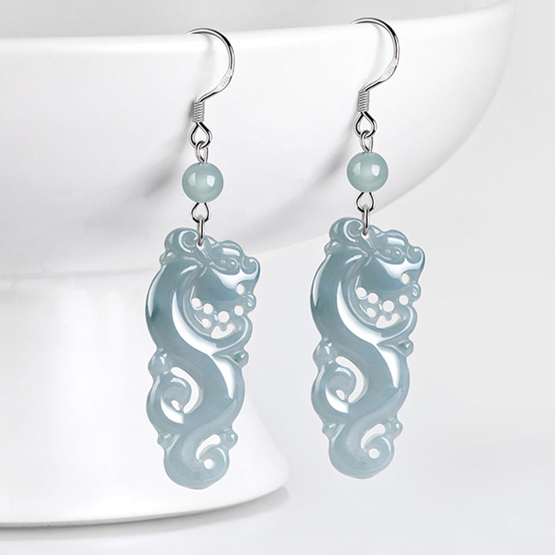 Natural Jade Earrings Silver Dragon Jadeite Earrings