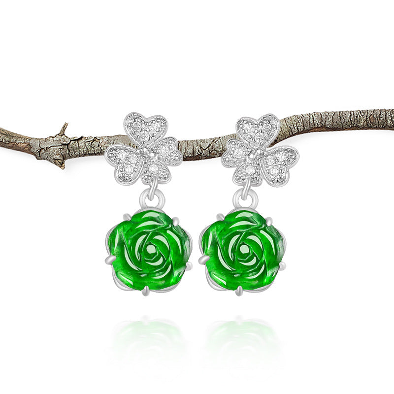 Natural Jade Earrings Silver Flower Jadeite Earrings
