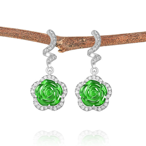 Natural Jade Earrings Silver Flower Jadeite Earrings
