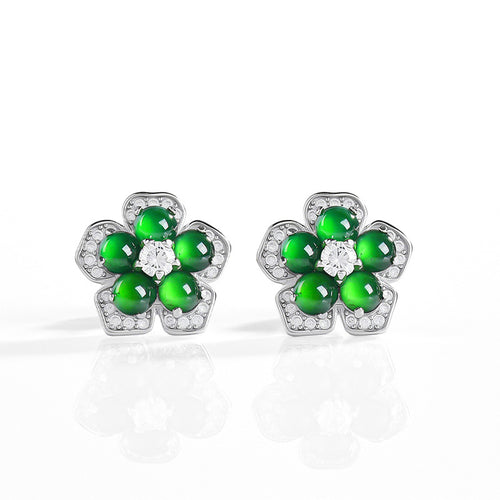 Natural Jade Earrings Silver Flower Jadeite Earrings